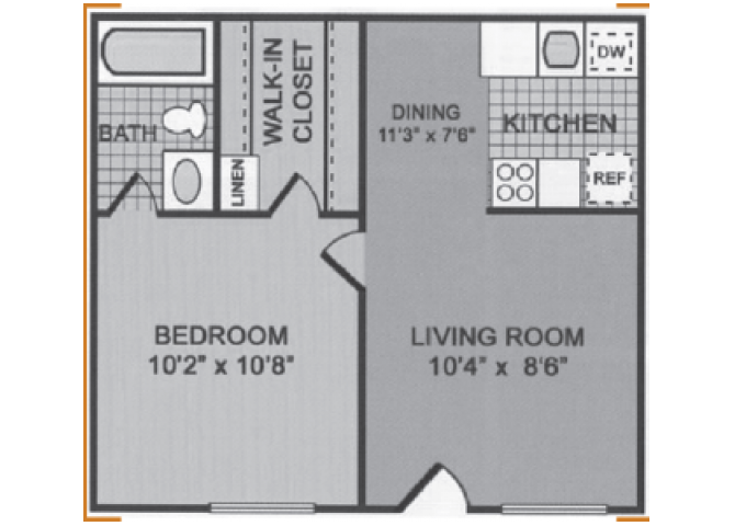 1 Bedroom 1 bathroom floor plan at Woodridge Apartments in Tucson, AZ